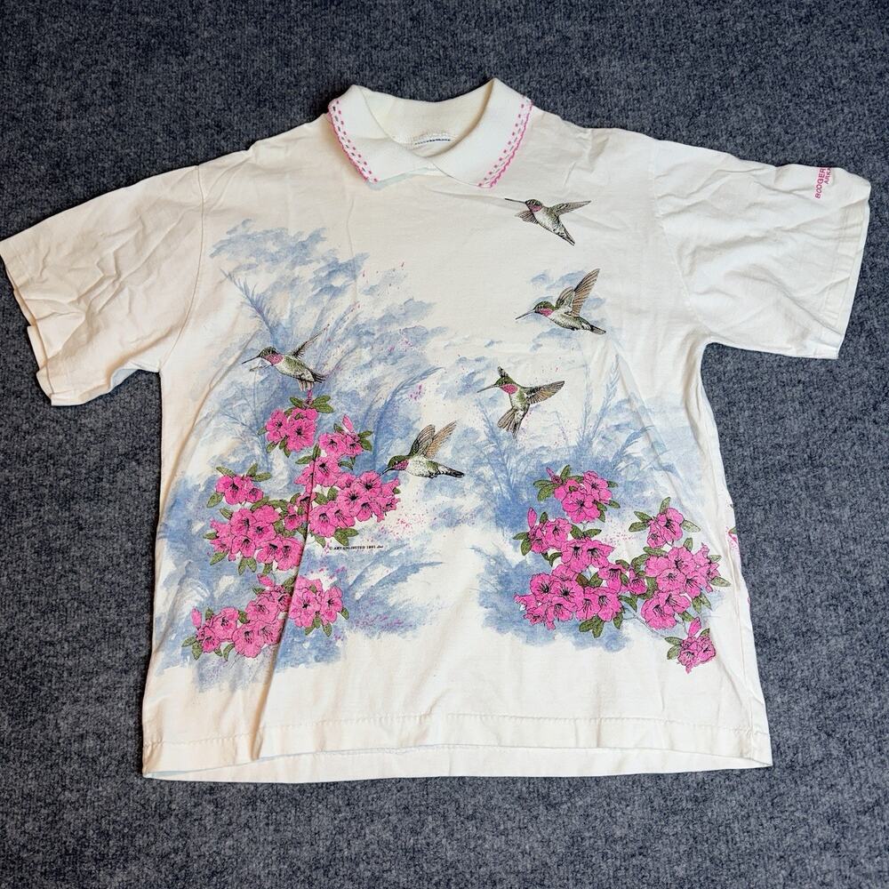 Vintage Art Unlimited Sportswear Hummingbird Floral White Tshirt Size L No Tags